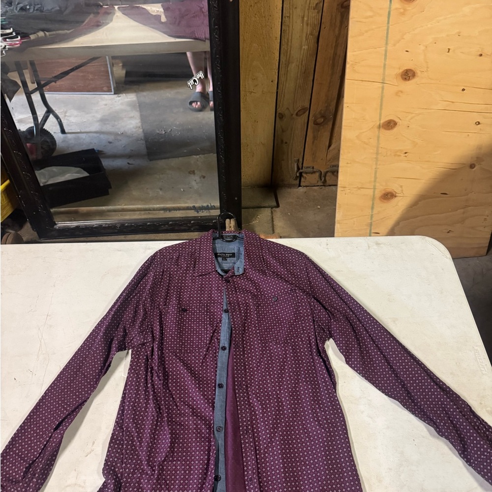Eighty Eight Burgundy Patterned Lightweight Shirt Jacket with Blue Collar